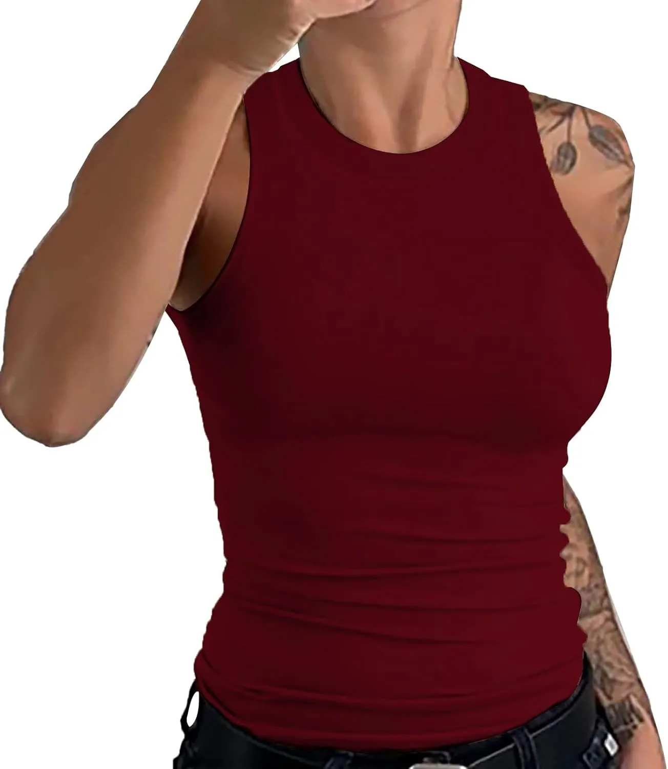 Womens Sleeveless Ribbed Racerback Cotton Crewneck Thick Strap Tight Slim Fitted Sporty Workout Tank Tops