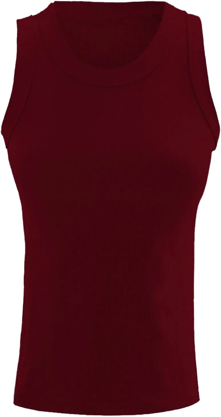 Womens Sleeveless Ribbed Racerback Cotton Crewneck Thick Strap Tight Slim Fitted Sporty Workout Tank Tops