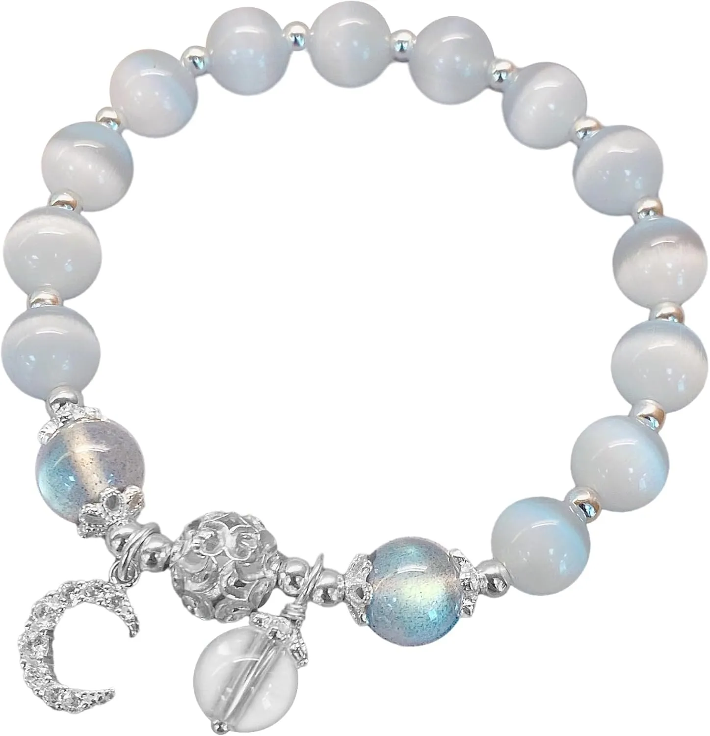 Women'S Stretch Moonstone Crystal Bracelet, Handmade Beaded Jewelry With Cat'S Eye Stones & Sterling Silver Moon Charm, 7.5 Circumference