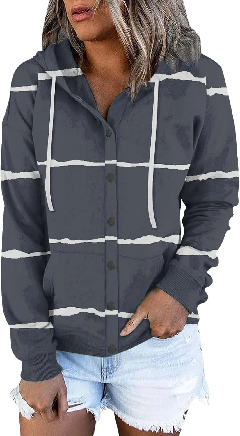 Womens Striped Casual Sweatshirt Oversized Drawstring Casual V Neck Button Up Hoodies Fall Long Sleeve Hooded Jackets