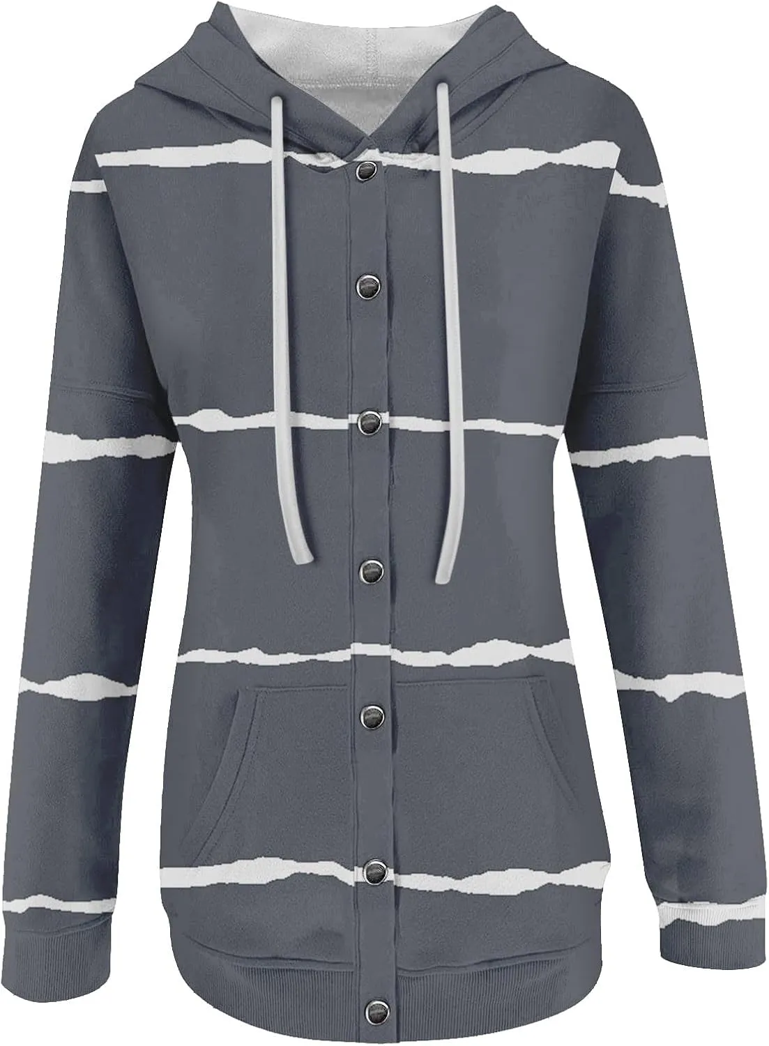 Womens Striped Casual Sweatshirt Oversized Drawstring Casual V Neck Button Up Hoodies Fall Long Sleeve Hooded Jackets