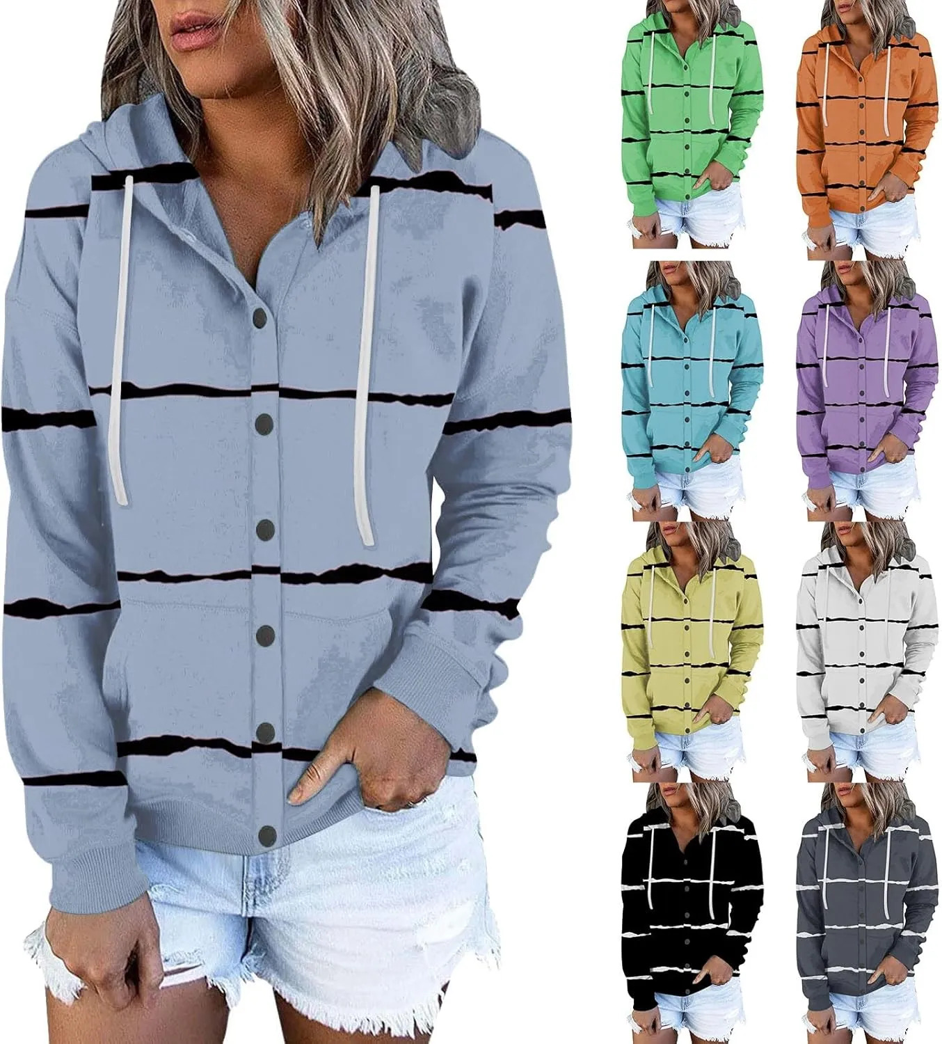 Womens Striped Casual Sweatshirt Oversized Drawstring Casual V Neck Button Up Hoodies Fall Long Sleeve Hooded Jackets