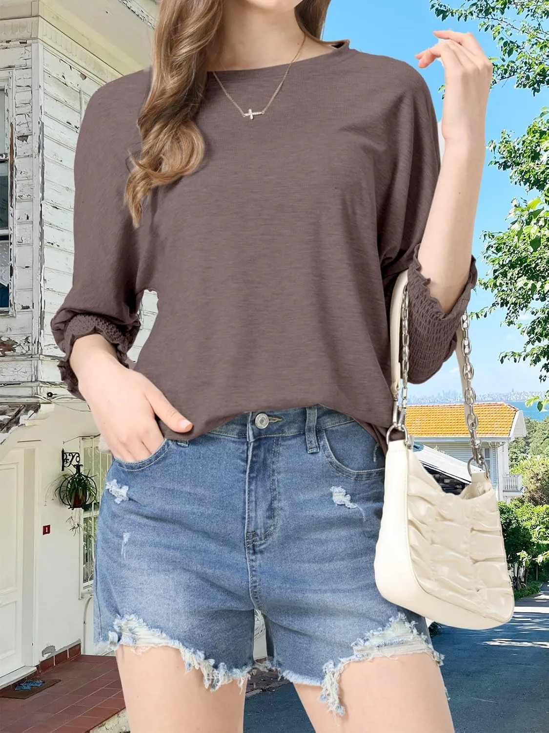 Womens Summer Blouse T-Shirts 3/4 Sleeve Tee Tops Crewneck Basic Business Tees Cute Loose Fit Going Out Shirts Blouses