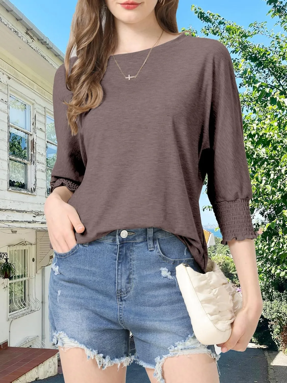 Womens Summer Blouse T-Shirts 3/4 Sleeve Tee Tops Crewneck Basic Business Tees Cute Loose Fit Going Out Shirts Blouses