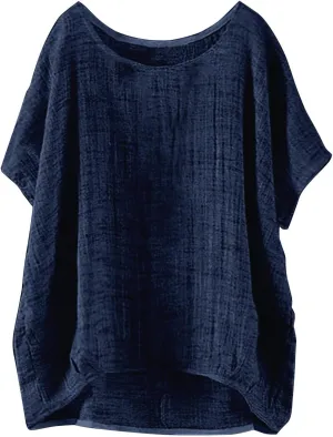 Women's Summer Cotton Linen Boho Floral Short Sleeve Tunic Tops Casual Comfy Womens Tops Oversized Business