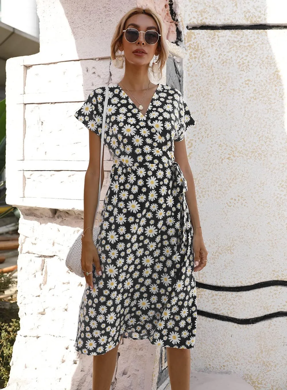 Womens Summer Floral Print Dress Wrap V Neck Short Sleeve A Line Mini Dress Tie Waist Ruffle Split Hem Midi Dress