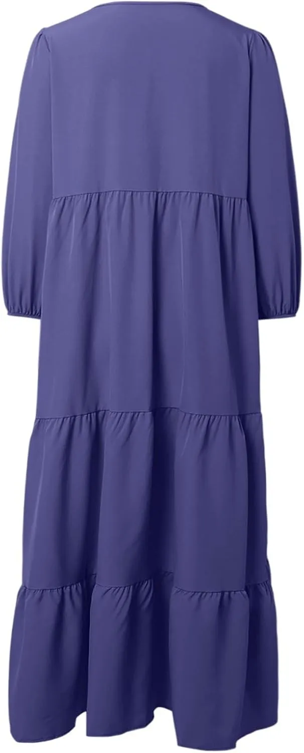 Womens Summer Maxi Dress V Neck Long Puff Sleeve Dresses 2025 Summer Casual A Line Flowy Swing Boho Dresses