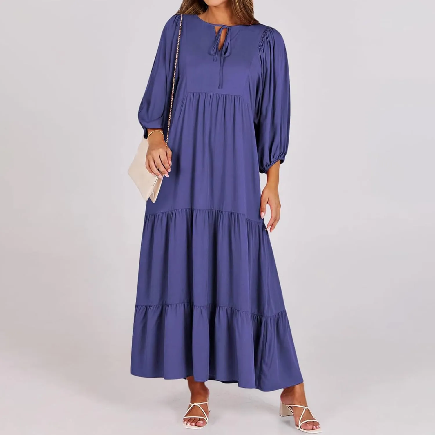 Womens Summer Maxi Dress V Neck Long Puff Sleeve Dresses 2025 Summer Casual A Line Flowy Swing Boho Dresses