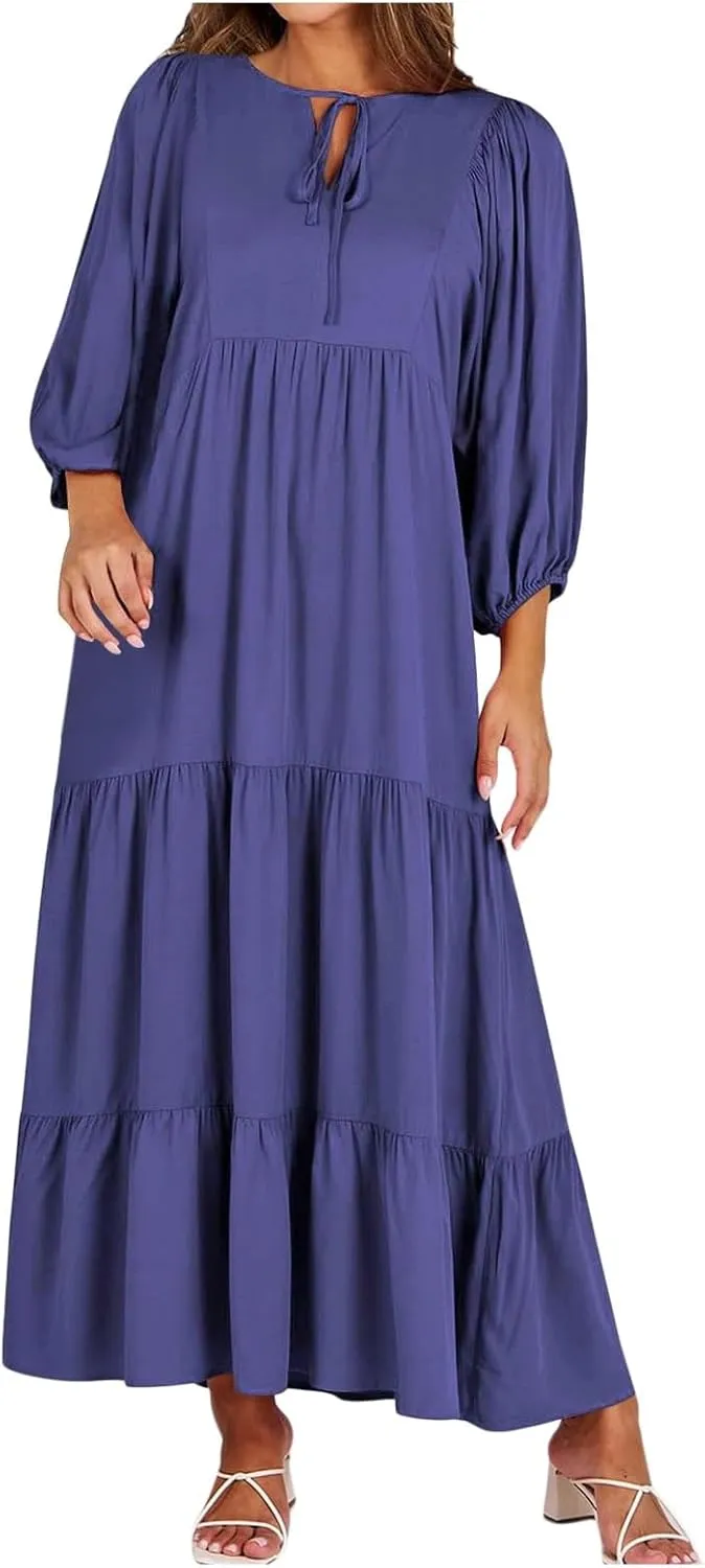 Womens Summer Maxi Dress V Neck Long Puff Sleeve Dresses 2025 Summer Casual A Line Flowy Swing Boho Dresses
