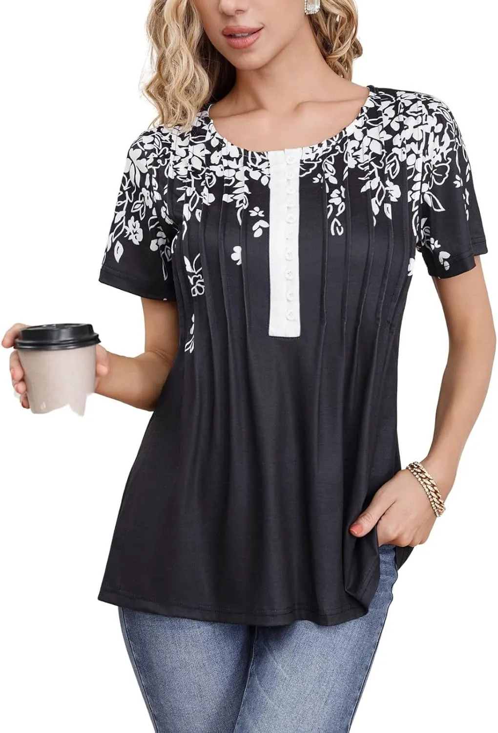 Womens Summer Tops 2025 Dressy Casual Short Sleeve Button V Neck T Shirts Trendy Cute Printed Tees Tunic Blouses