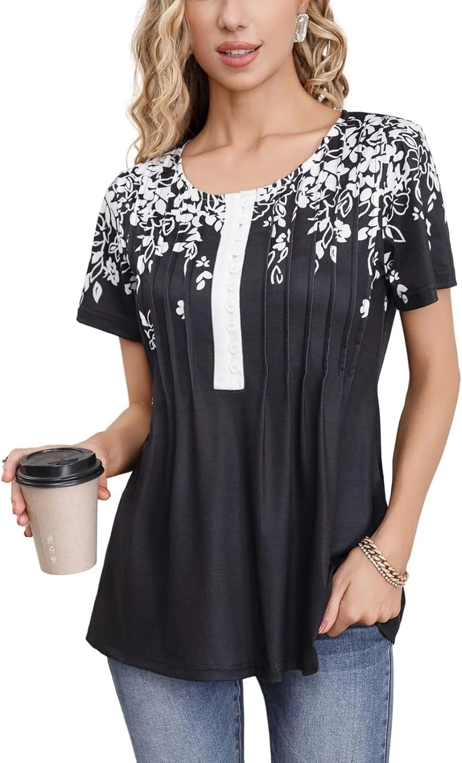 Womens Summer Tops 2025 Dressy Casual Short Sleeve Button V Neck T Shirts Trendy Cute Printed Tees Tunic Blouses