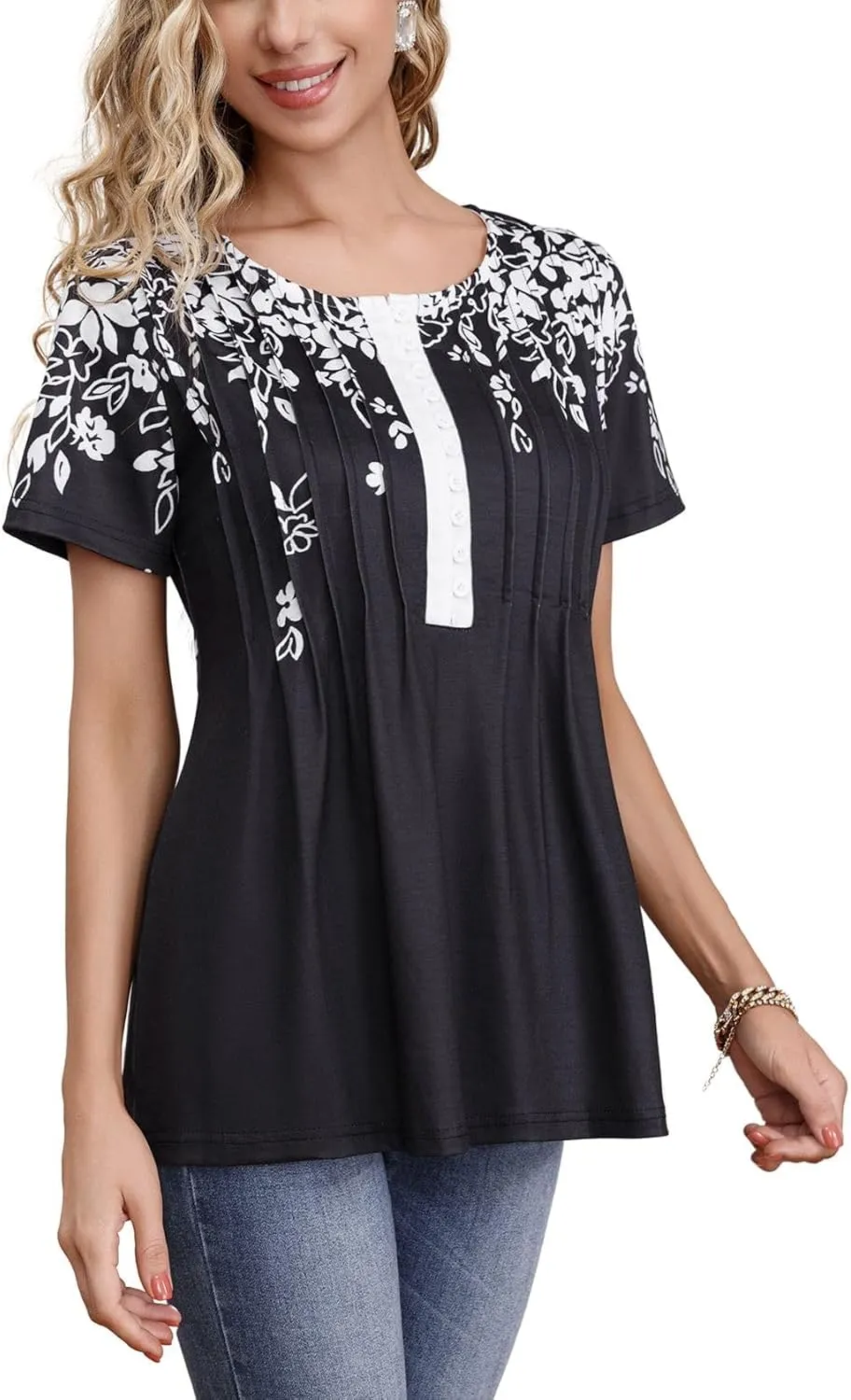Womens Summer Tops 2025 Dressy Casual Short Sleeve Button V Neck T Shirts Trendy Cute Printed Tees Tunic Blouses
