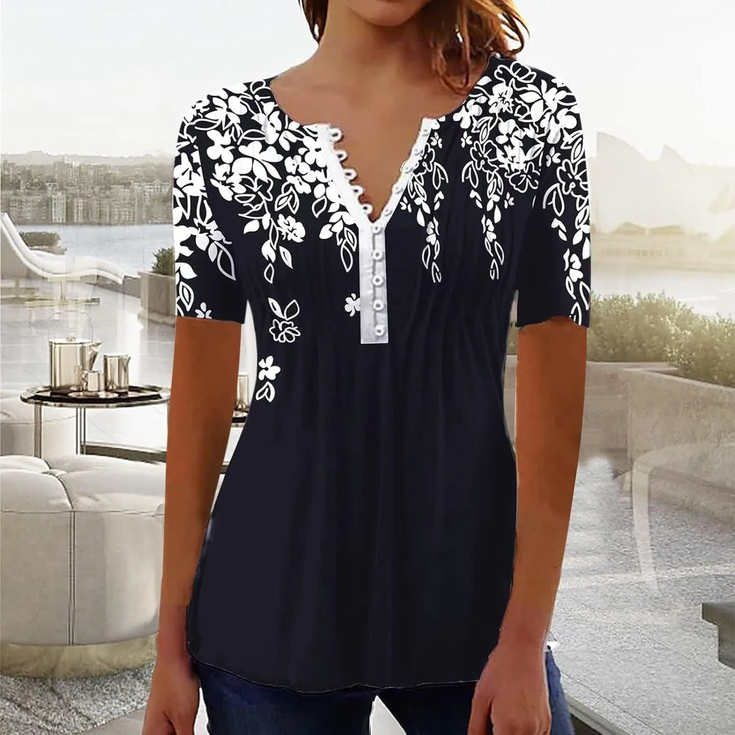 Womens Summer Tops 2025 Dressy Casual Short Sleeve Button V Neck T Shirts Trendy Cute Printed Tees Tunic Blouses