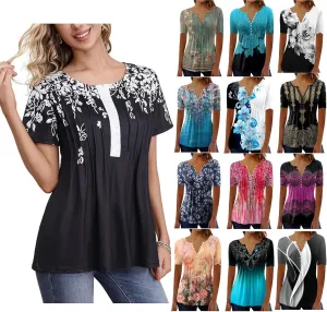 Womens Summer Tops 2025 Dressy Casual Short Sleeve Button V Neck T Shirts Trendy Cute Printed Tees Tunic Blouses