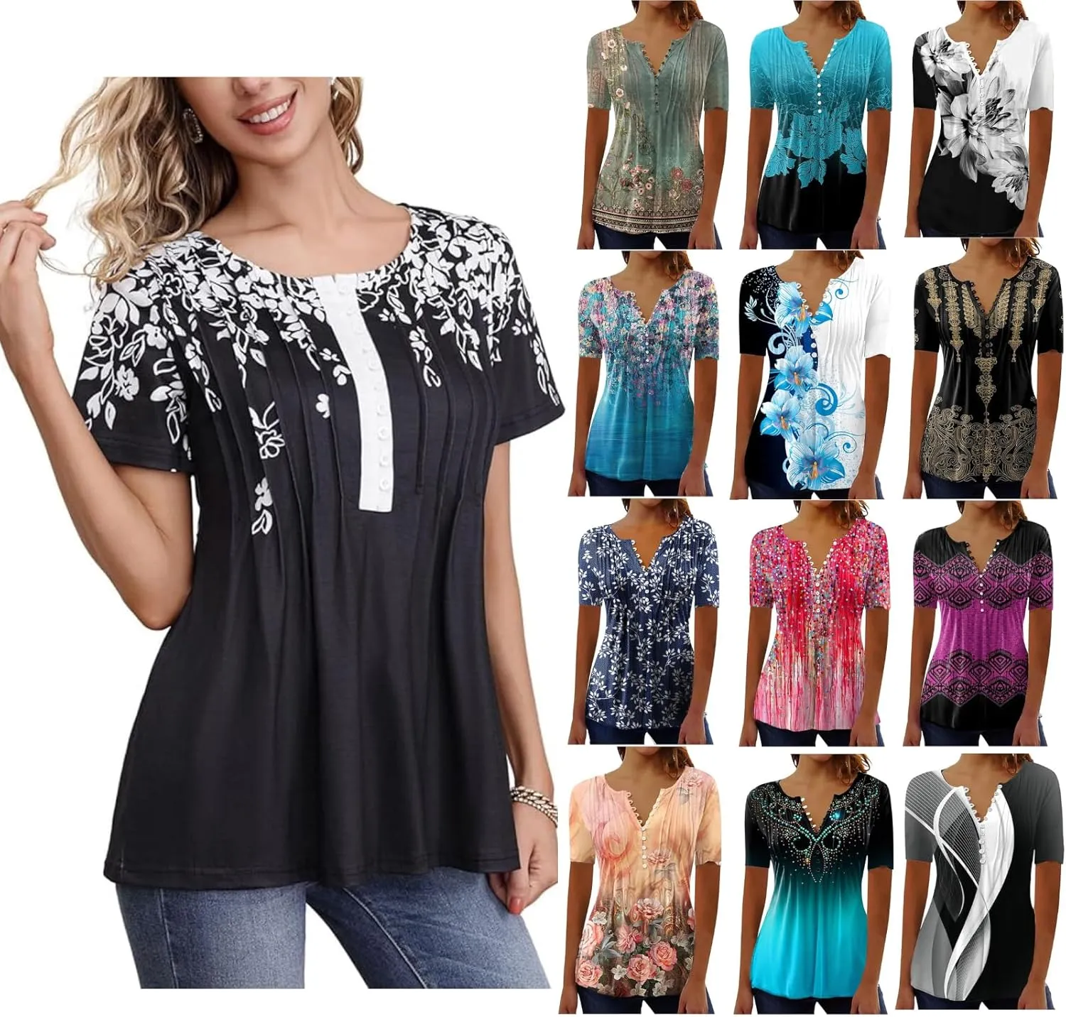 Womens Summer Tops 2025 Dressy Casual Short Sleeve Button V Neck T Shirts Trendy Cute Printed Tees Tunic Blouses