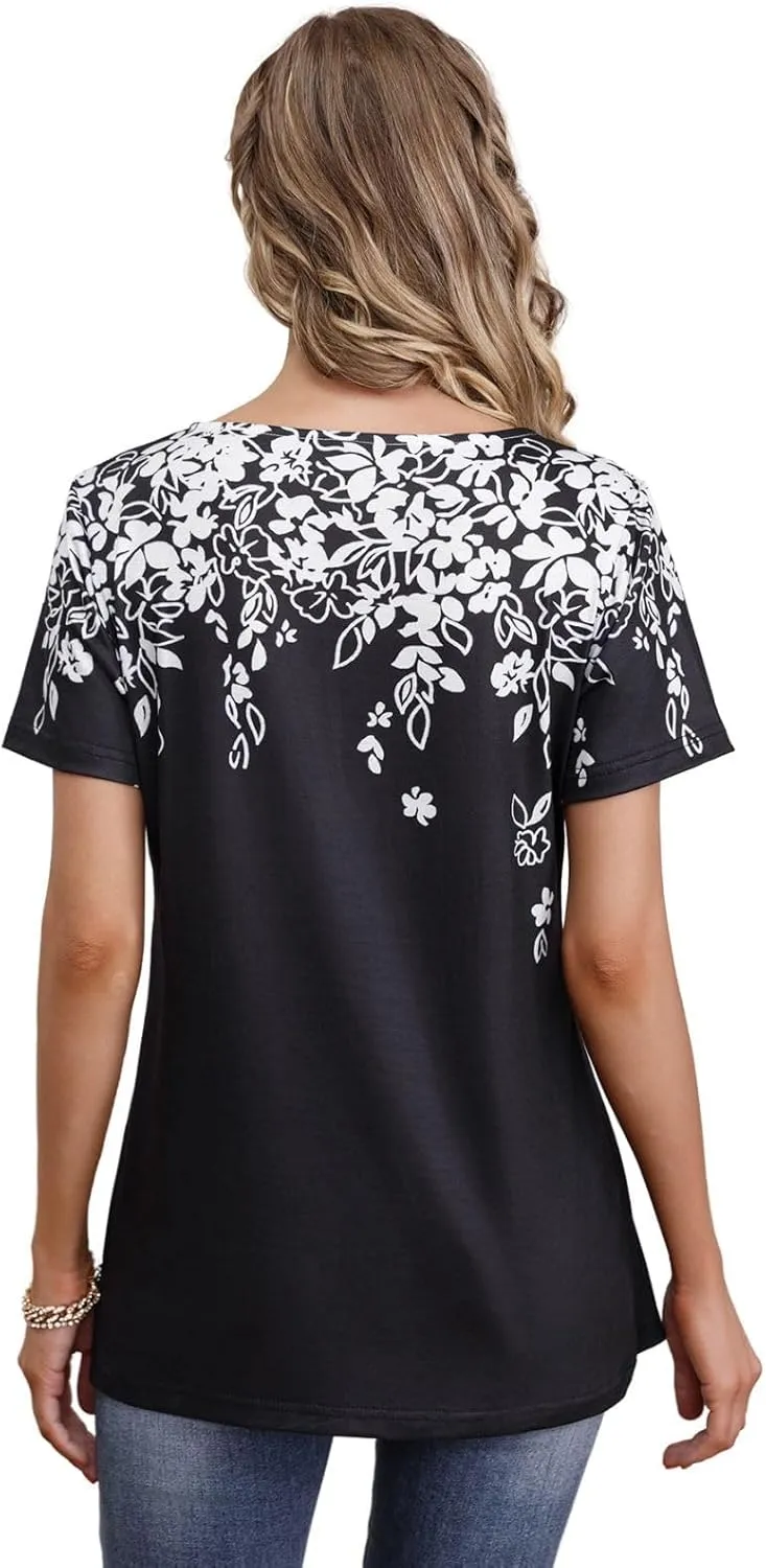 Womens Summer Tops 2025 Dressy Casual Short Sleeve Button V Neck T Shirts Trendy Cute Printed Tees Tunic Blouses