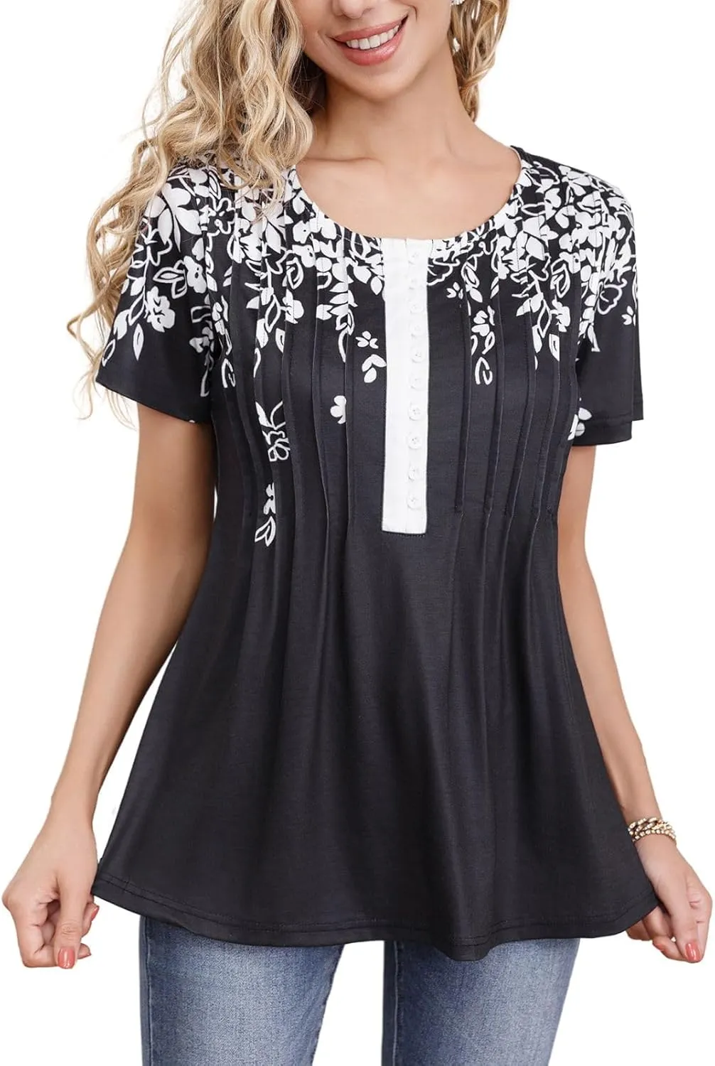 Womens Summer Tops 2025 Dressy Casual Short Sleeve Button V Neck T Shirts Trendy Cute Printed Tees Tunic Blouses