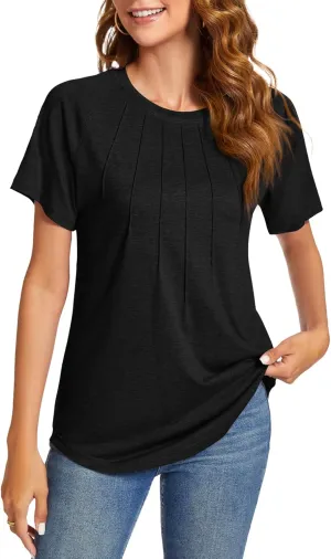 Womens Summer Tops Casual Short Sleeve Shirts Dressy Blouses Trendy Pleated Tunic