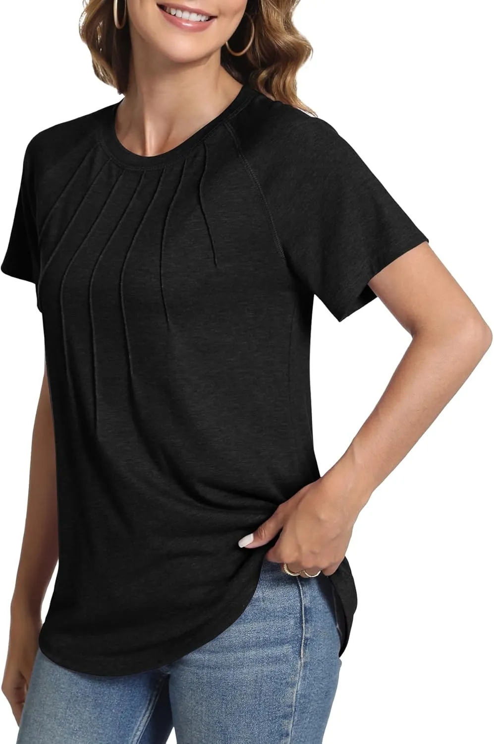 Womens Summer Tops Casual Short Sleeve Shirts Dressy Blouses Trendy Pleated Tunic