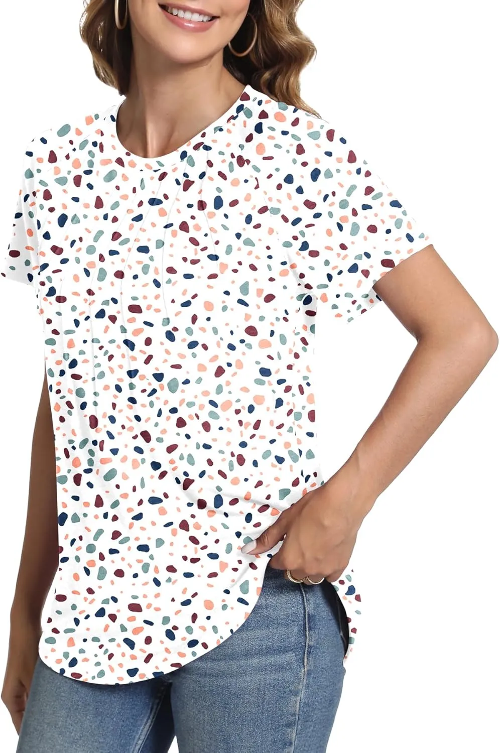 Womens Summer Tops Casual Short Sleeve Shirts Dressy Blouses Trendy Pleated Tunic