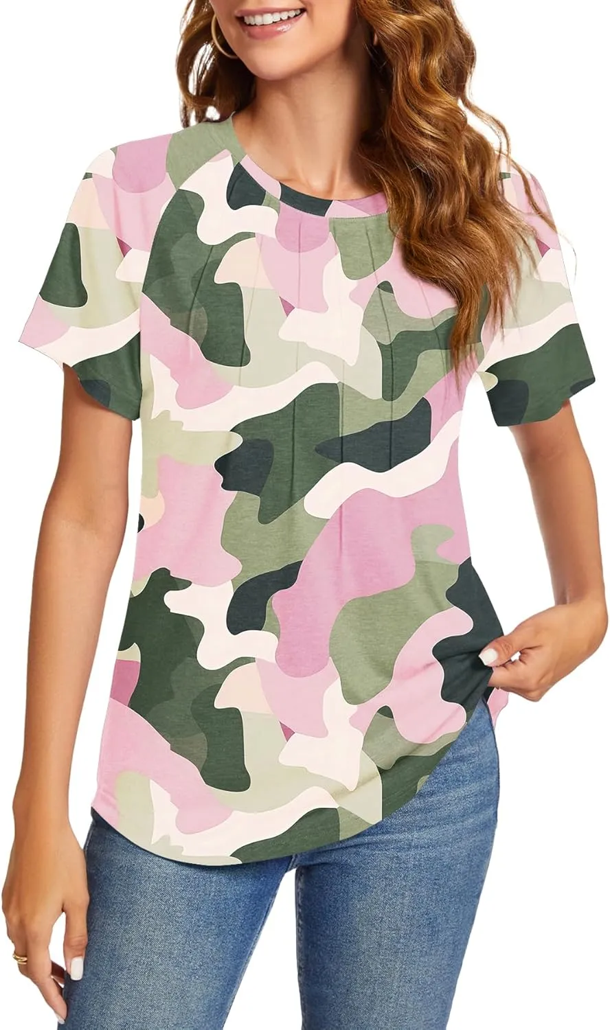 Womens Summer Tops Casual Short Sleeve Shirts Dressy Blouses Trendy Pleated Tunic