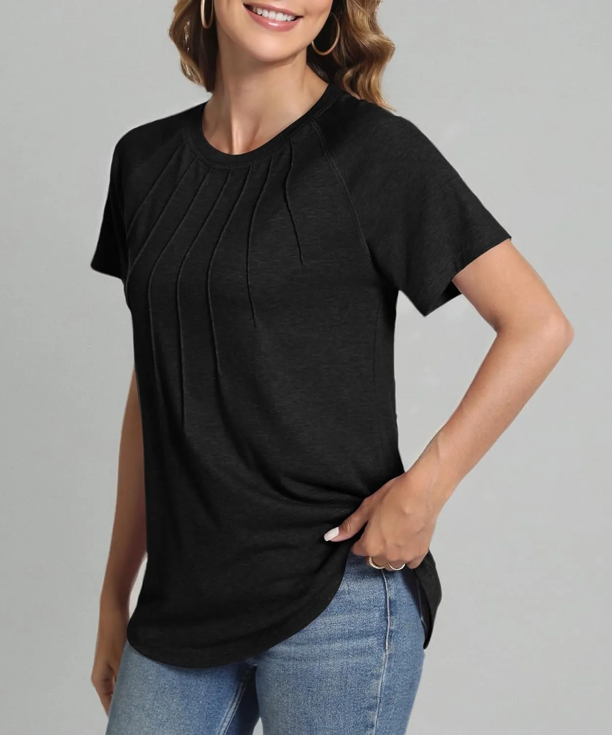 Womens Summer Tops Casual Short Sleeve Shirts Dressy Blouses Trendy Pleated Tunic