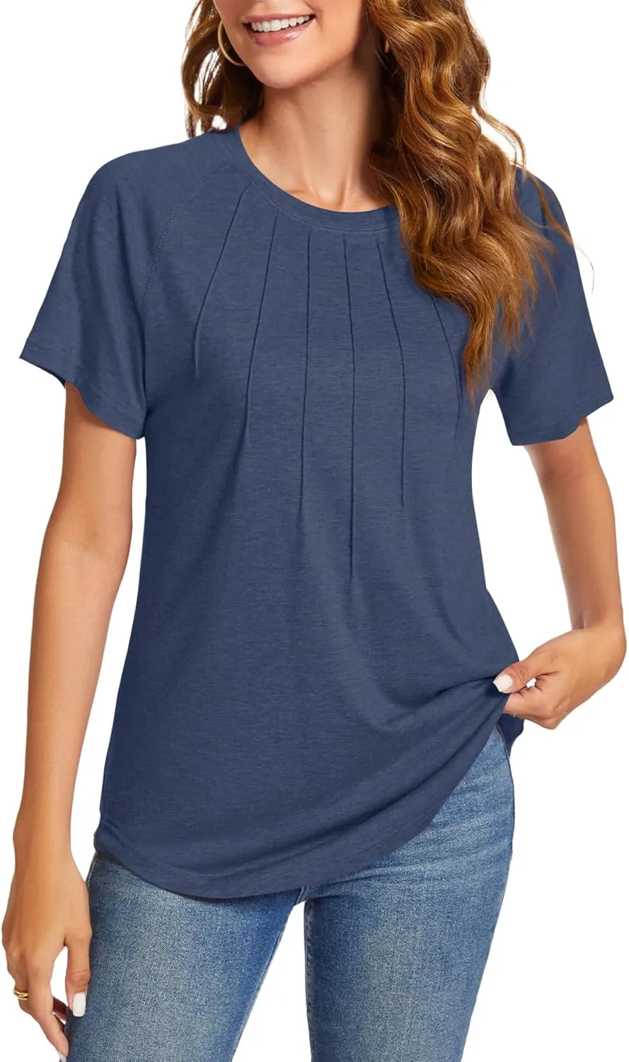 Womens Summer Tops Casual Short Sleeve Shirts Dressy Blouses Trendy Pleated Tunic