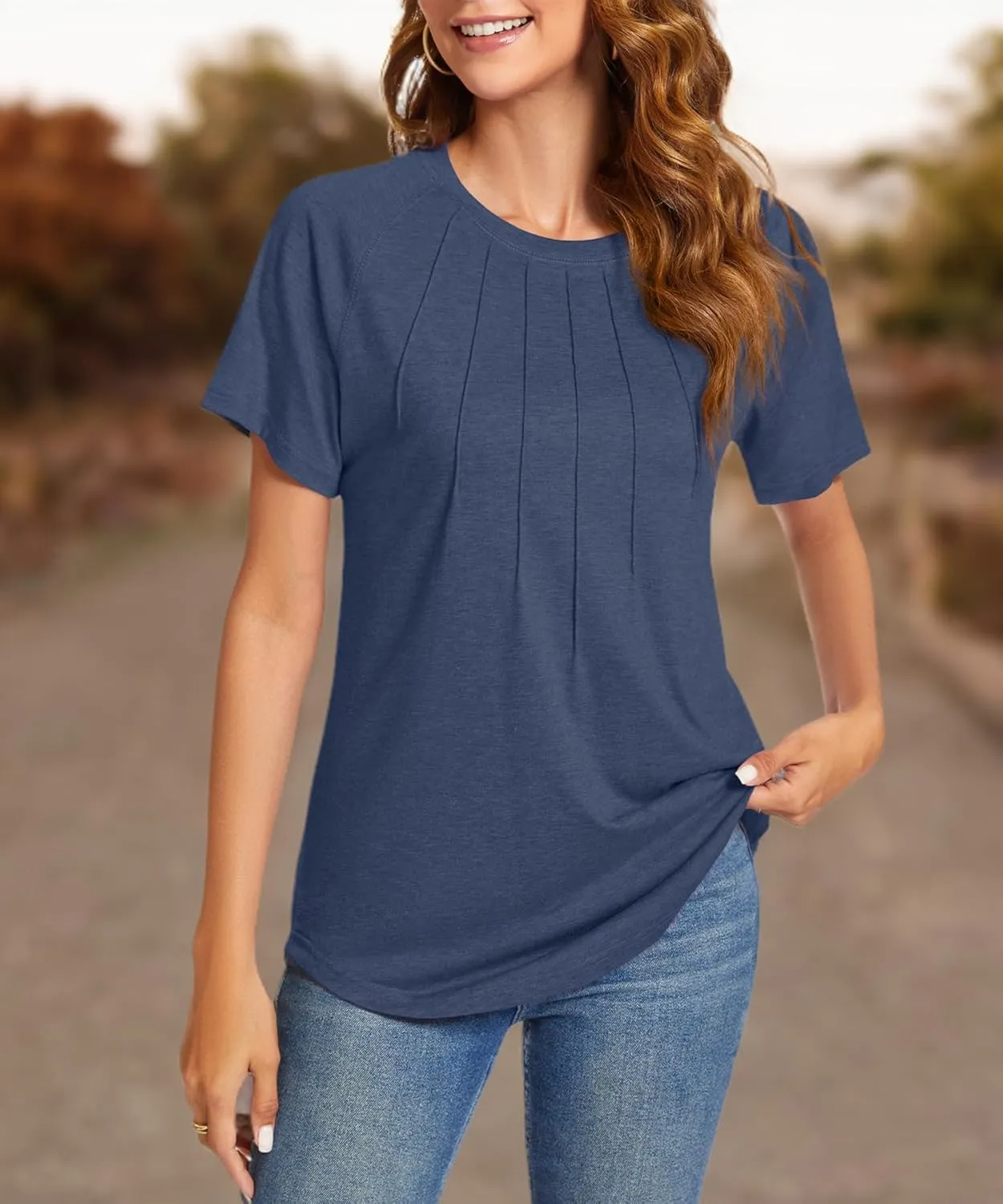 Womens Summer Tops Casual Short Sleeve Shirts Dressy Blouses Trendy Pleated Tunic