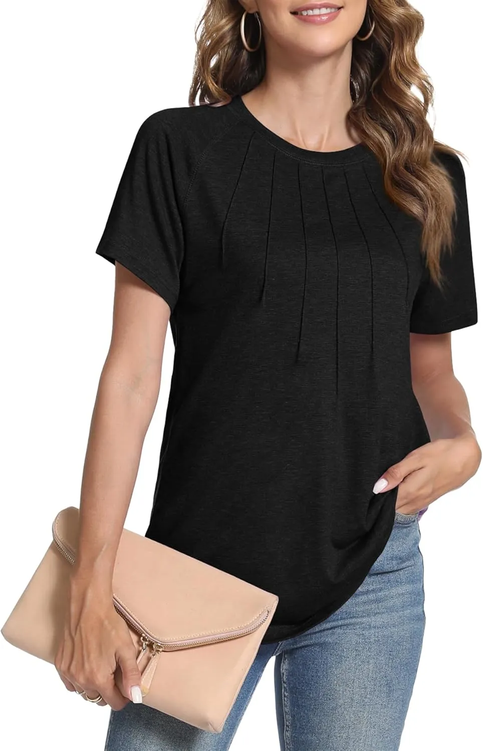 Womens Summer Tops Casual Short Sleeve Shirts Dressy Blouses Trendy Pleated Tunic