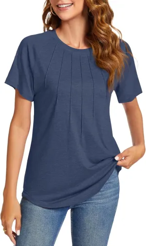 Womens Summer Tops Casual Short Sleeve Shirts Dressy Blouses Trendy Pleated Tunic