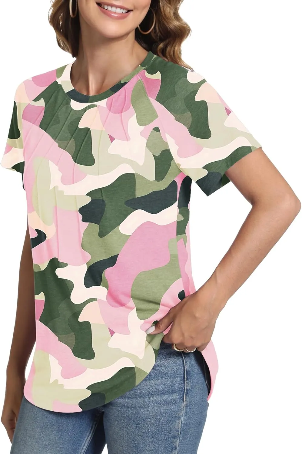 Womens Summer Tops Casual Short Sleeve Shirts Dressy Blouses Trendy Pleated Tunic
