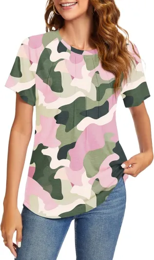 Womens Summer Tops Casual Short Sleeve Shirts Dressy Blouses Trendy Pleated Tunic