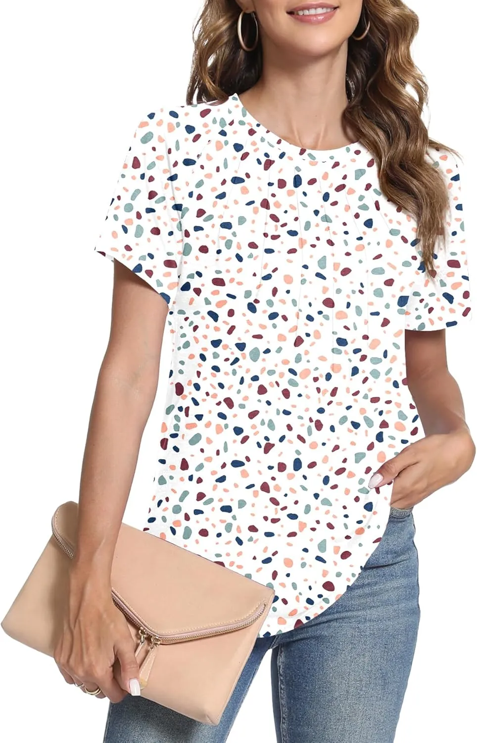 Womens Summer Tops Casual Short Sleeve Shirts Dressy Blouses Trendy Pleated Tunic