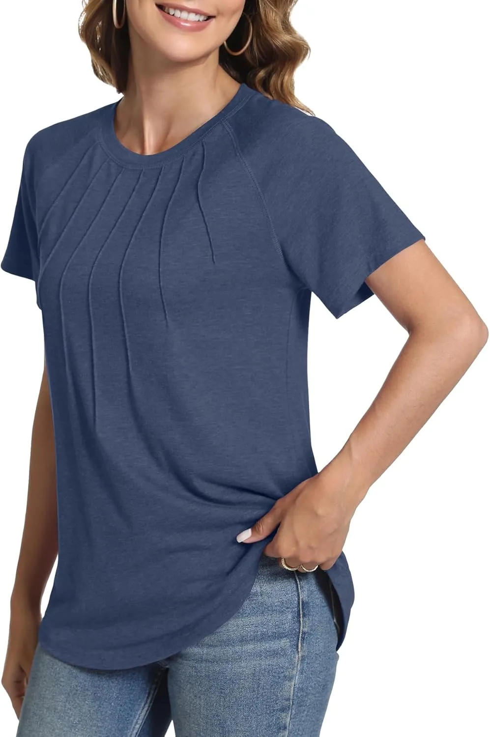 Womens Summer Tops Casual Short Sleeve Shirts Dressy Blouses Trendy Pleated Tunic