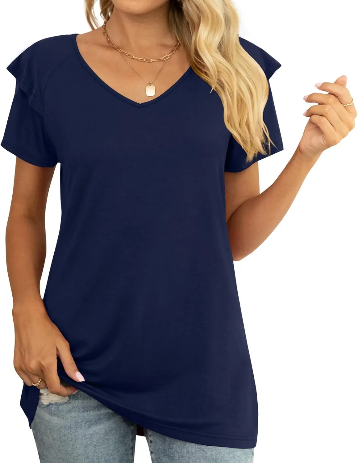 Womens Summer Tops Casual V Neck Ruffle Short Sleeve T Shirts Loose Fit Blouses
