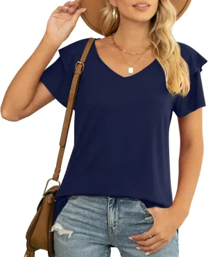 Womens Summer Tops Casual V Neck Ruffle Short Sleeve T Shirts Loose Fit Blouses
