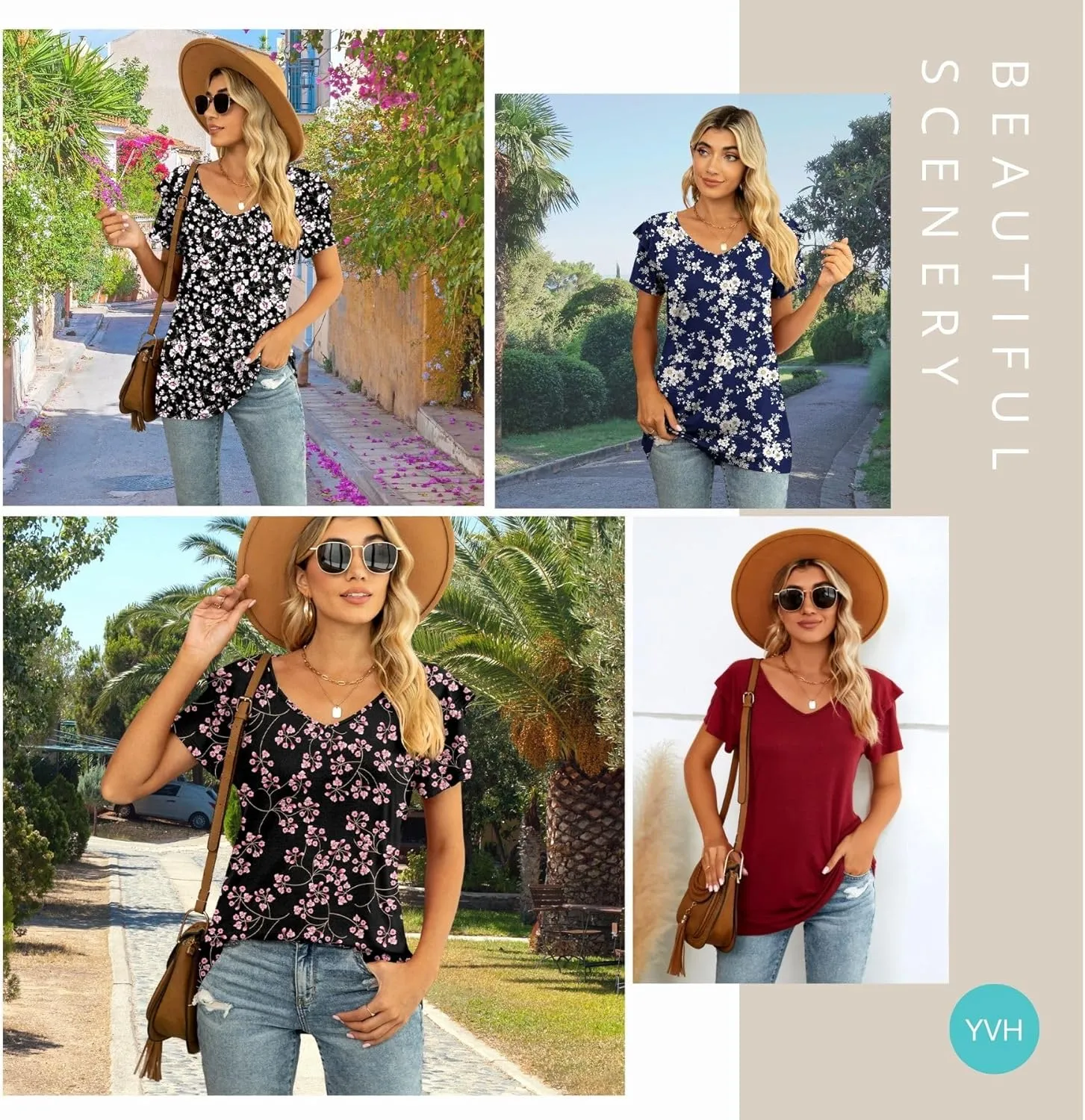 Womens Summer Tops Casual V Neck Ruffle Short Sleeve T Shirts Loose Fit Blouses