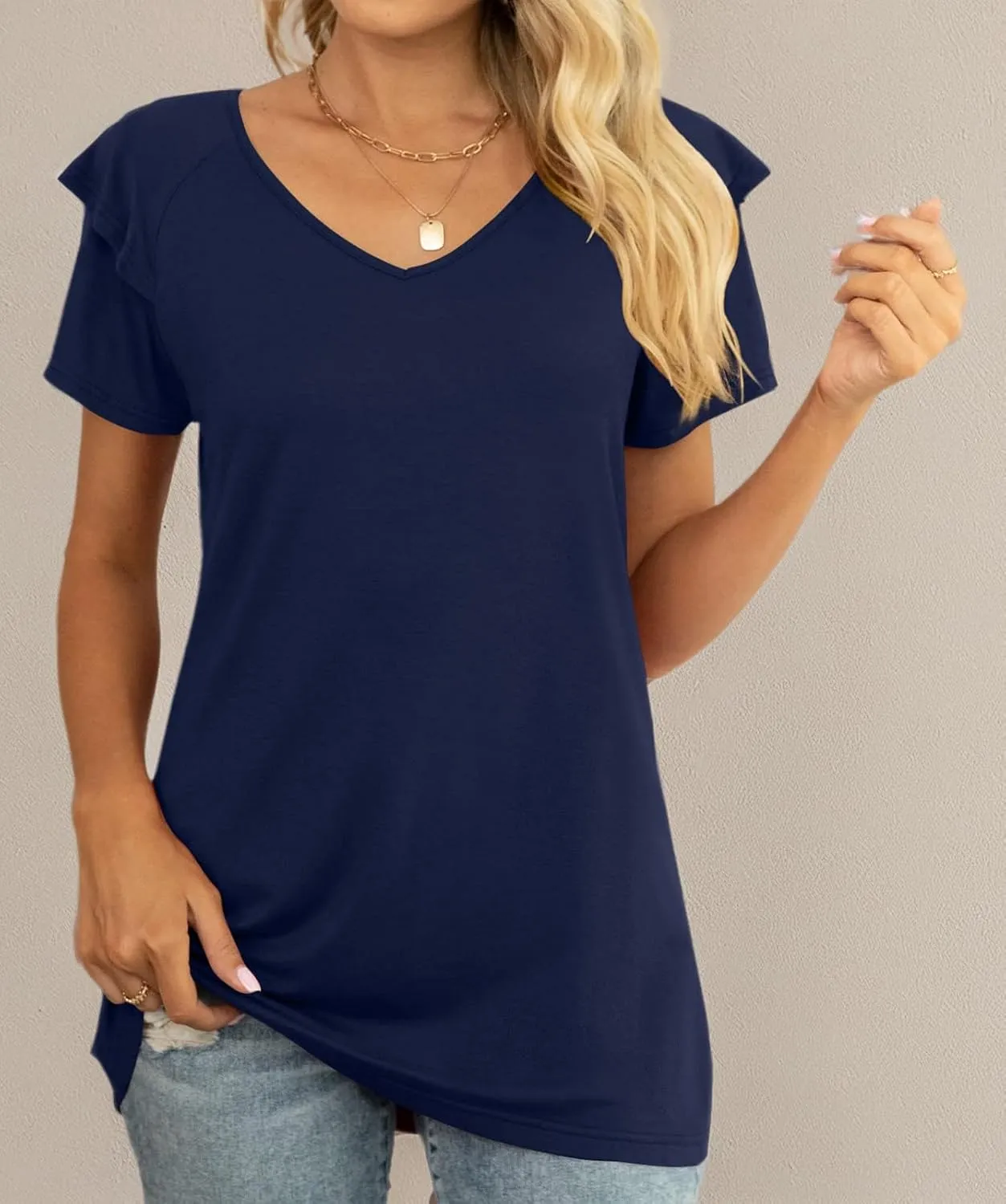 Womens Summer Tops Casual V Neck Ruffle Short Sleeve T Shirts Loose Fit Blouses