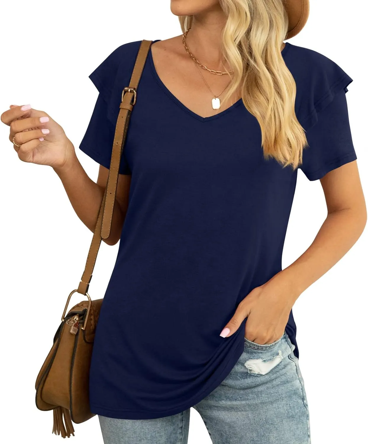Womens Summer Tops Casual V Neck Ruffle Short Sleeve T Shirts Loose Fit Blouses