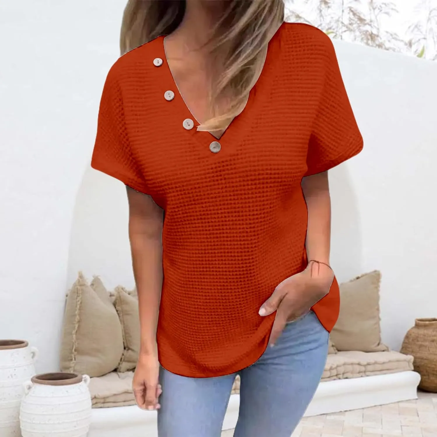 Womens Summer Tops Casual Waffle Knit Short Sleeve Henley Shirts Loose Fit Soft Solid Color T-Shirt Tunic Blouses