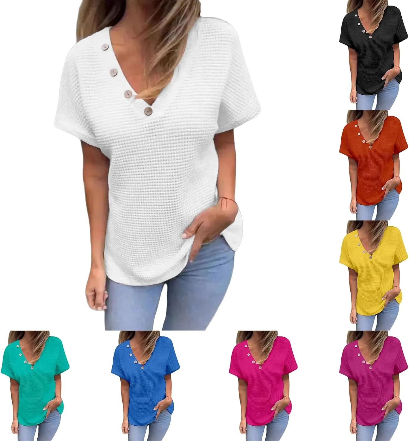 Womens Summer Tops Casual Waffle Knit Short Sleeve Henley Shirts Loose Fit Soft Solid Color T-Shirt Tunic Blouses