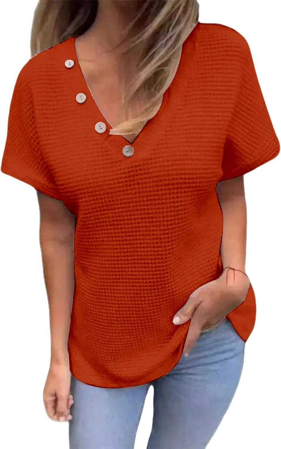 Womens Summer Tops Casual Waffle Knit Short Sleeve Henley Shirts Loose Fit Soft Solid Color T-Shirt Tunic Blouses