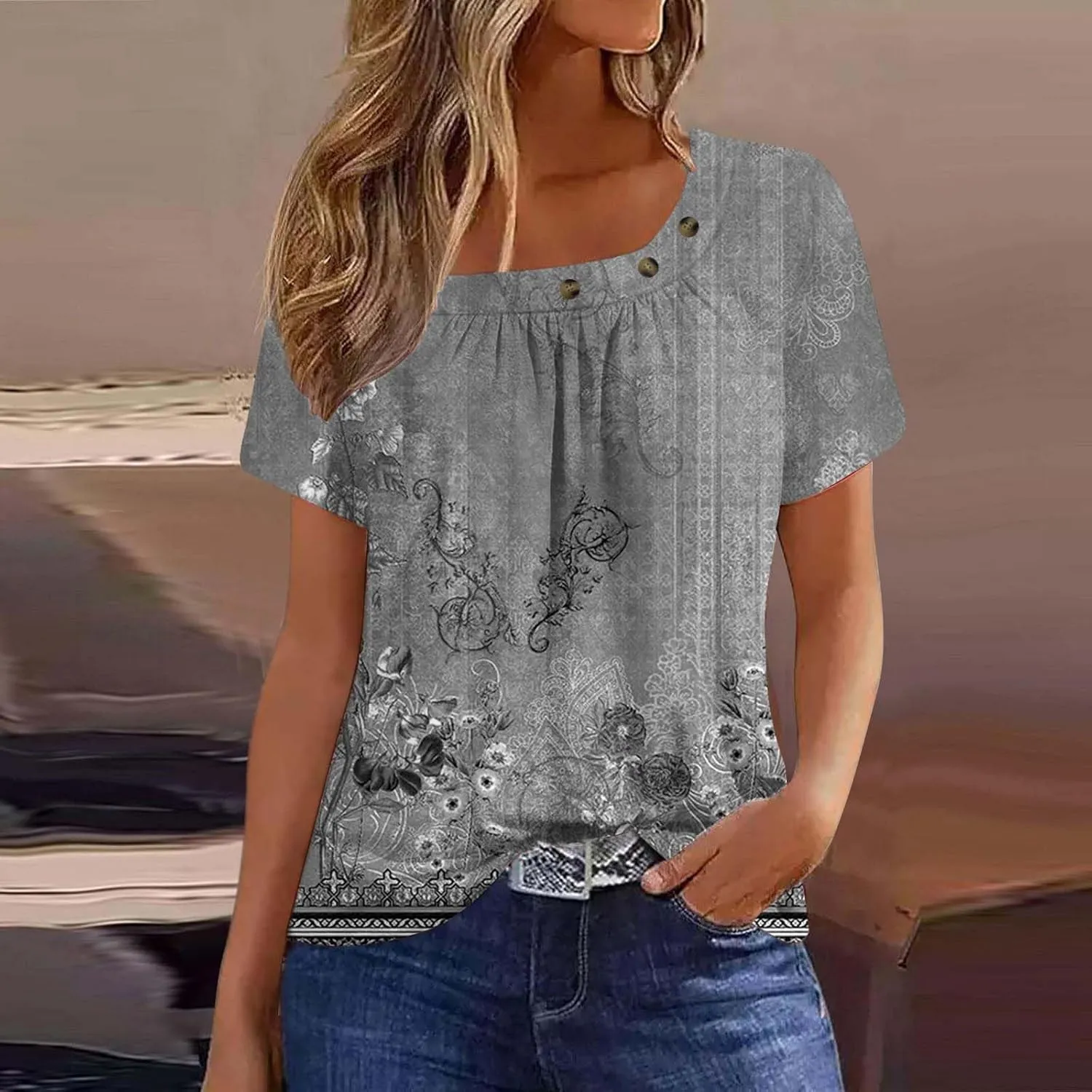 Womens Summer Tops Dressy Trendy Boho Floral Print Short Sleeve T Shirts Casual Loose Fit Basic Tunic Blouses Tees