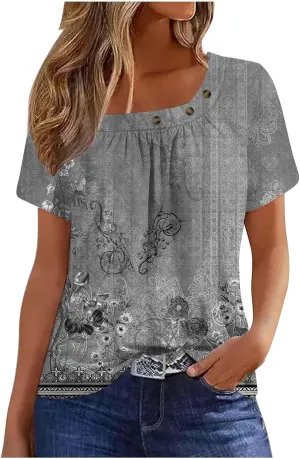 Womens Summer Tops Dressy Trendy Boho Floral Print Short Sleeve T Shirts Casual Loose Fit Basic Tunic Blouses Tees