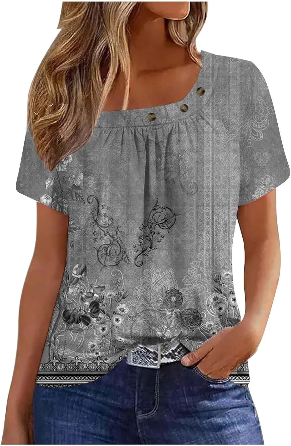 Womens Summer Tops Dressy Trendy Boho Floral Print Short Sleeve T Shirts Casual Loose Fit Basic Tunic Blouses Tees