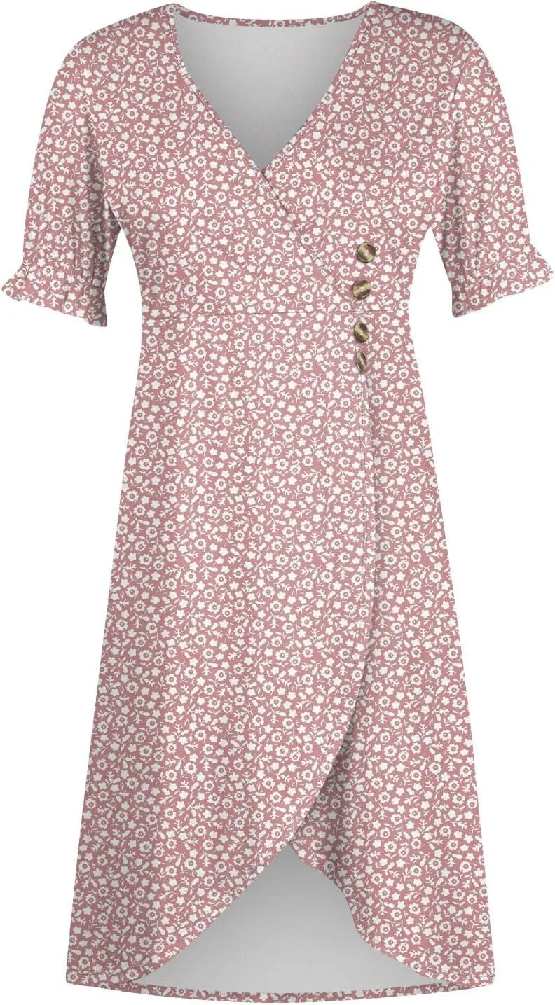 Women's Summer Wrap Dress Floral Print Button V-Neck Polka Dot Dress Short Sleeve Ruffled Aline Midi Sundress