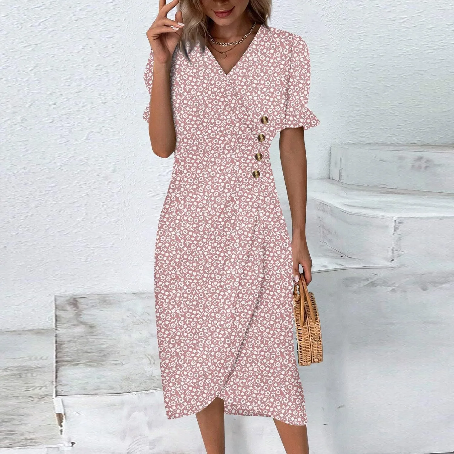 Women's Summer Wrap Dress Floral Print Button V-Neck Polka Dot Dress Short Sleeve Ruffled Aline Midi Sundress