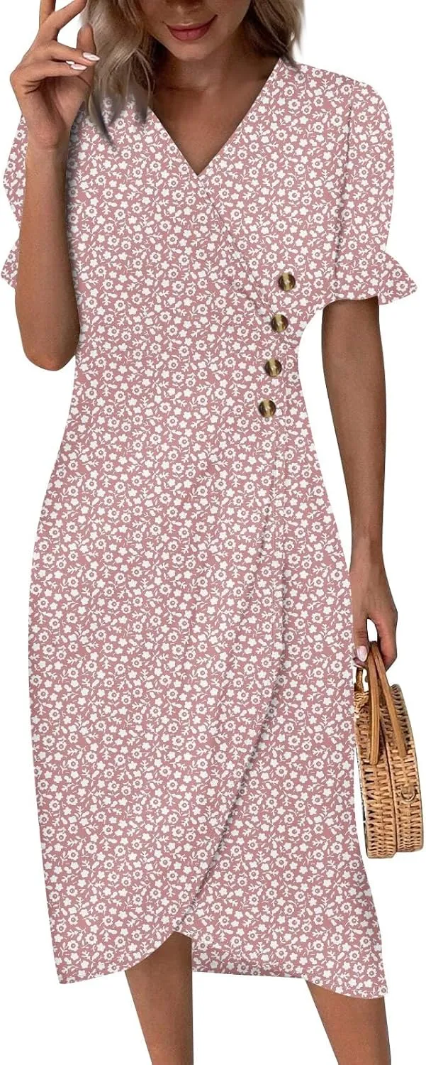 Women's Summer Wrap Dress Floral Print Button V-Neck Polka Dot Dress Short Sleeve Ruffled Aline Midi Sundress