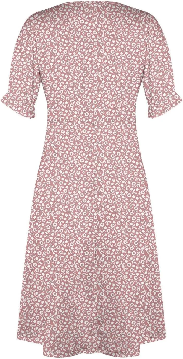 Women's Summer Wrap Dress Floral Print Button V-Neck Polka Dot Dress Short Sleeve Ruffled Aline Midi Sundress