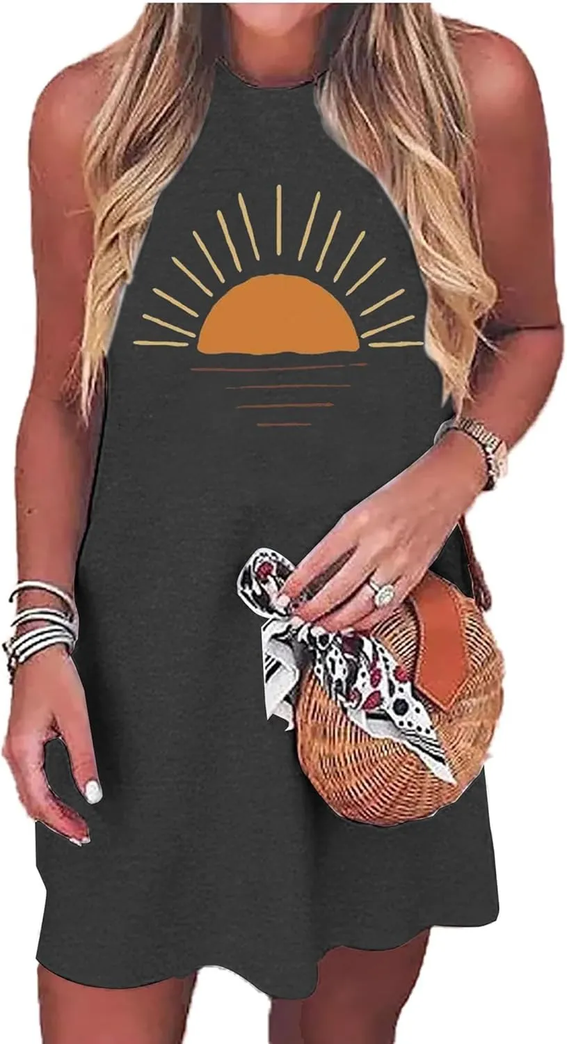 Womens Sundress Summer Sun Graphic Mini Tank Dress Sleeveless Beach Dresses Short Casual Sun Dresses